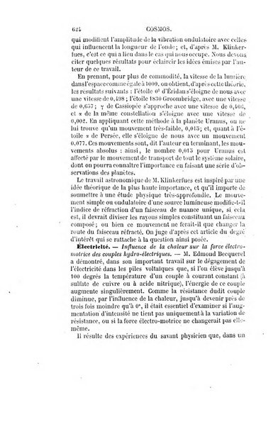 Le cosmos revue encyclopedique hebdomadaire des progres des sciences et de leurs applications aux arts et a l'industrie