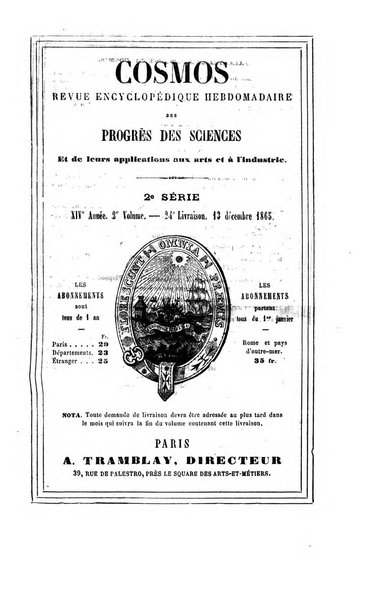 Le cosmos revue encyclopedique hebdomadaire des progres des sciences et de leurs applications aux arts et a l'industrie