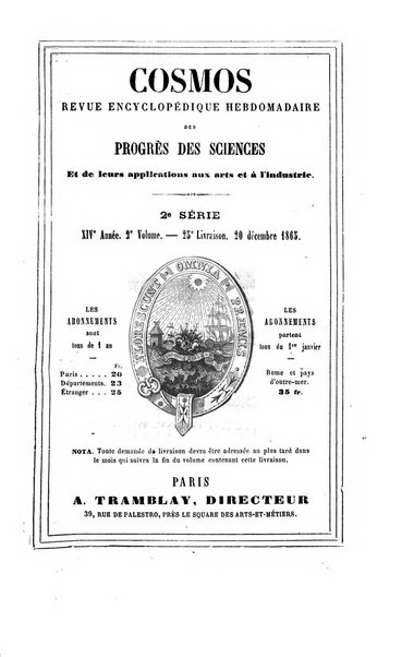 Le cosmos revue encyclopedique hebdomadaire des progres des sciences et de leurs applications aux arts et a l'industrie