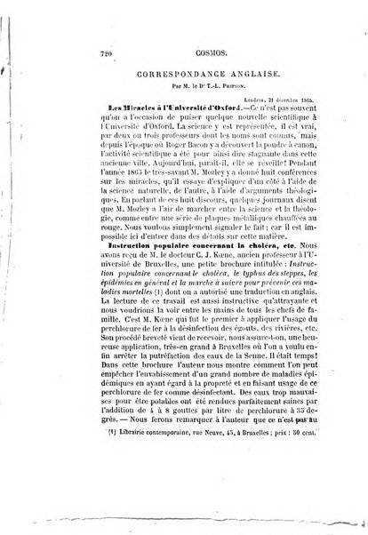 Le cosmos revue encyclopedique hebdomadaire des progres des sciences et de leurs applications aux arts et a l'industrie