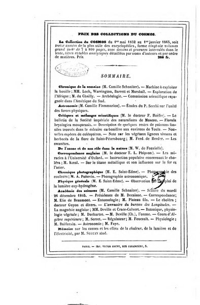 Le cosmos revue encyclopedique hebdomadaire des progres des sciences et de leurs applications aux arts et a l'industrie