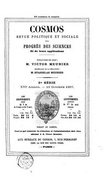 Le cosmos revue encyclopedique hebdomadaire des progres des sciences et de leurs applications aux arts et a l'industrie