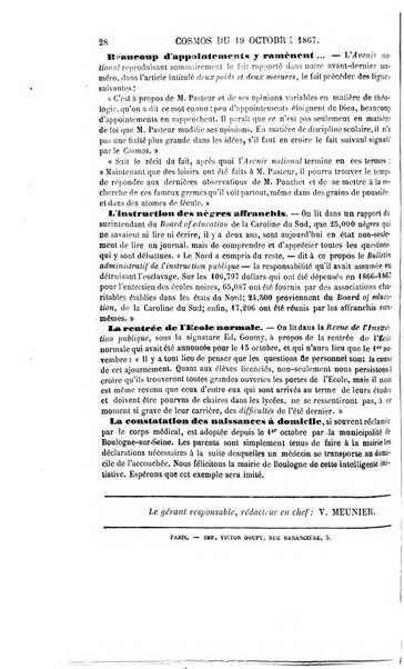 Le cosmos revue encyclopedique hebdomadaire des progres des sciences et de leurs applications aux arts et a l'industrie