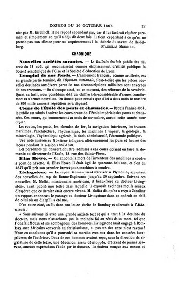 Le cosmos revue encyclopedique hebdomadaire des progres des sciences et de leurs applications aux arts et a l'industrie