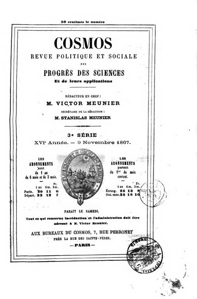 Le cosmos revue encyclopedique hebdomadaire des progres des sciences et de leurs applications aux arts et a l'industrie