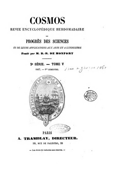 Le cosmos revue encyclopedique hebdomadaire des progres des sciences et de leurs applications aux arts et a l'industrie