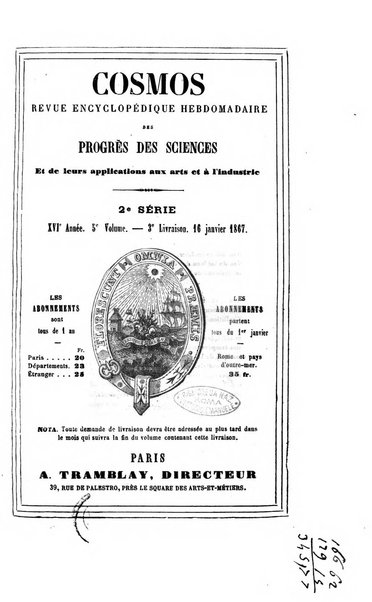 Le cosmos revue encyclopedique hebdomadaire des progres des sciences et de leurs applications aux arts et a l'industrie