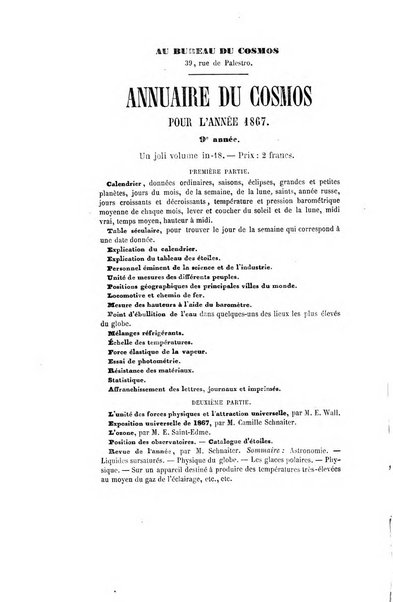 Le cosmos revue encyclopedique hebdomadaire des progres des sciences et de leurs applications aux arts et a l'industrie