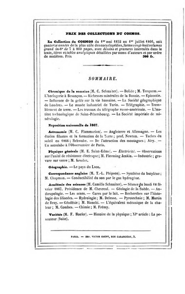 Le cosmos revue encyclopedique hebdomadaire des progres des sciences et de leurs applications aux arts et a l'industrie