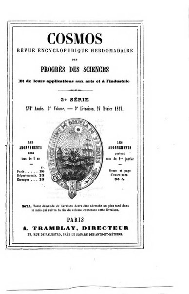 Le cosmos revue encyclopedique hebdomadaire des progres des sciences et de leurs applications aux arts et a l'industrie