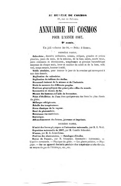 Le cosmos revue encyclopedique hebdomadaire des progres des sciences et de leurs applications aux arts et a l'industrie