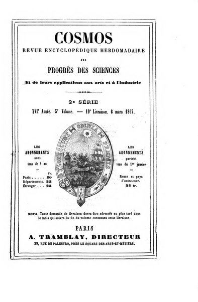 Le cosmos revue encyclopedique hebdomadaire des progres des sciences et de leurs applications aux arts et a l'industrie