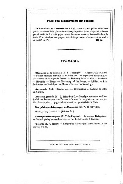 Le cosmos revue encyclopedique hebdomadaire des progres des sciences et de leurs applications aux arts et a l'industrie