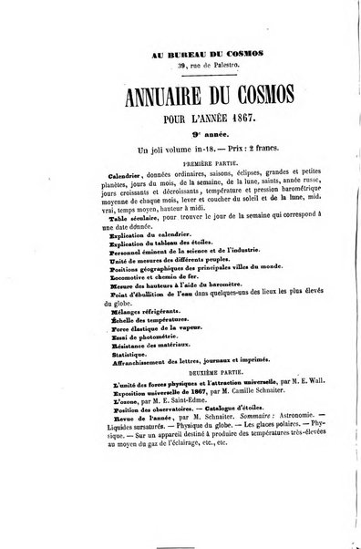 Le cosmos revue encyclopedique hebdomadaire des progres des sciences et de leurs applications aux arts et a l'industrie