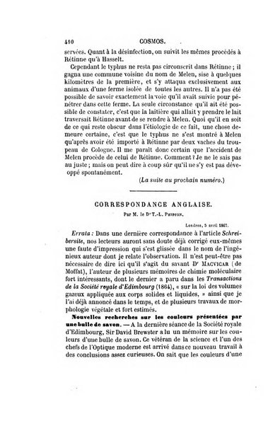 Le cosmos revue encyclopedique hebdomadaire des progres des sciences et de leurs applications aux arts et a l'industrie