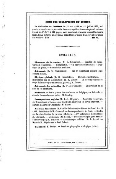 Le cosmos revue encyclopedique hebdomadaire des progres des sciences et de leurs applications aux arts et a l'industrie