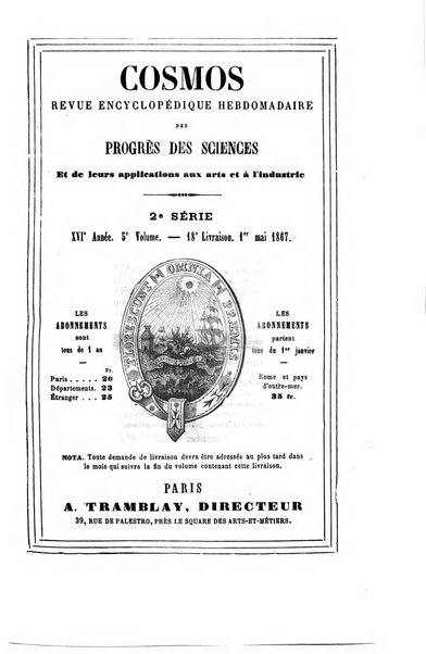 Le cosmos revue encyclopedique hebdomadaire des progres des sciences et de leurs applications aux arts et a l'industrie