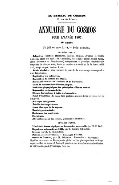 Le cosmos revue encyclopedique hebdomadaire des progres des sciences et de leurs applications aux arts et a l'industrie