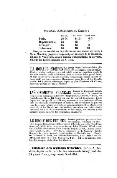 Le cosmos revue encyclopedique hebdomadaire des progres des sciences et de leurs applications aux arts et a l'industrie