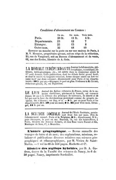 Le cosmos revue encyclopedique hebdomadaire des progres des sciences et de leurs applications aux arts et a l'industrie