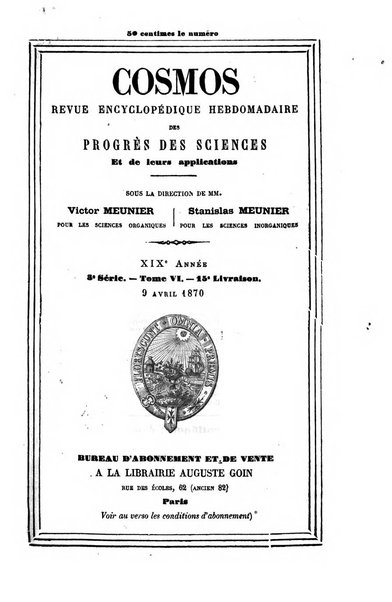 Le cosmos revue encyclopedique hebdomadaire des progres des sciences et de leurs applications aux arts et a l'industrie