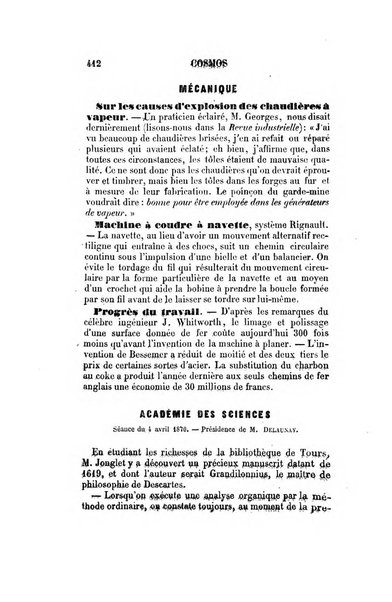 Le cosmos revue encyclopedique hebdomadaire des progres des sciences et de leurs applications aux arts et a l'industrie