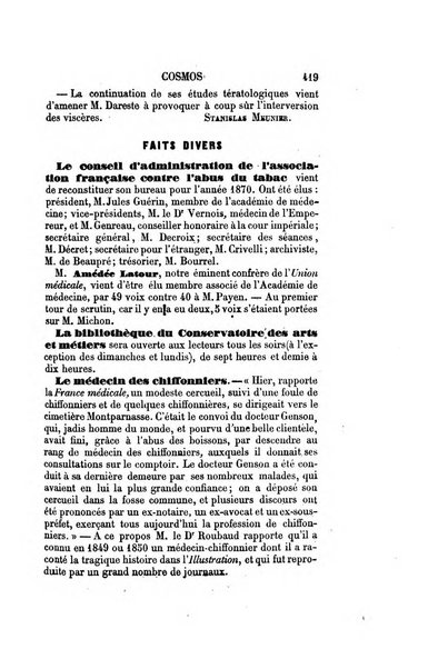 Le cosmos revue encyclopedique hebdomadaire des progres des sciences et de leurs applications aux arts et a l'industrie