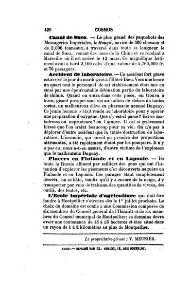 Le cosmos revue encyclopedique hebdomadaire des progres des sciences et de leurs applications aux arts et a l'industrie