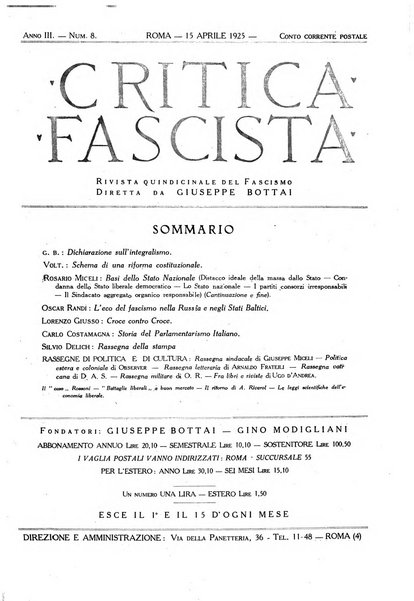 Critica fascista rivista quindicinale del fascismo diretta da Giuseppe Bottai