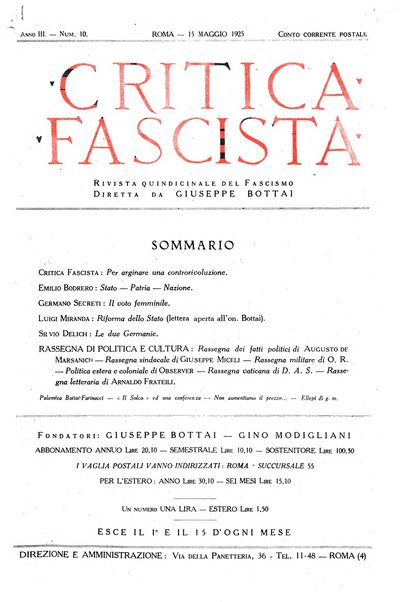 Critica fascista rivista quindicinale del fascismo diretta da Giuseppe Bottai