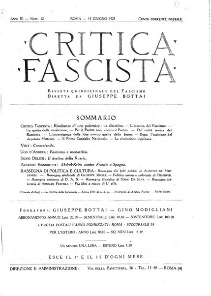 Critica fascista rivista quindicinale del fascismo diretta da Giuseppe Bottai