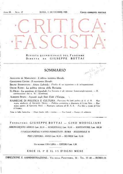 Critica fascista rivista quindicinale del fascismo diretta da Giuseppe Bottai