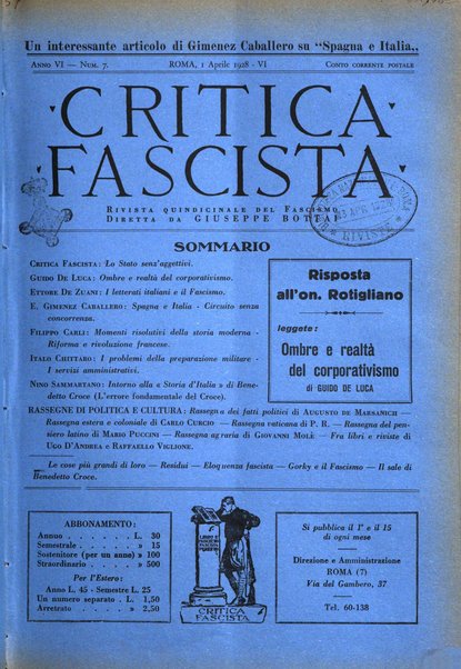 Critica fascista rivista quindicinale del fascismo diretta da Giuseppe Bottai