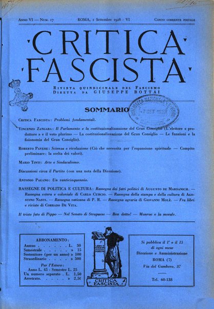 Critica fascista rivista quindicinale del fascismo diretta da Giuseppe Bottai