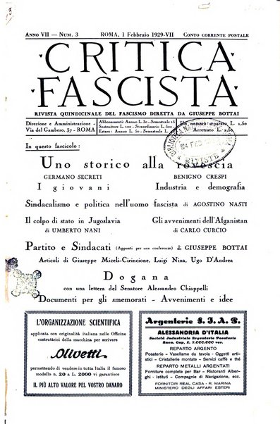 Critica fascista rivista quindicinale del fascismo diretta da Giuseppe Bottai