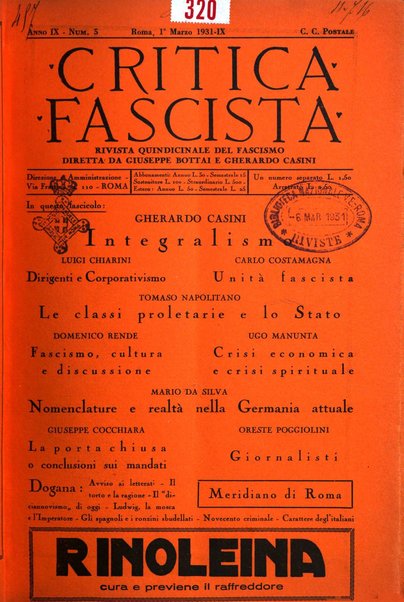 Critica fascista rivista quindicinale del fascismo diretta da Giuseppe Bottai