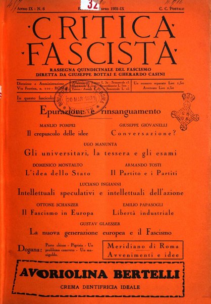 Critica fascista rivista quindicinale del fascismo diretta da Giuseppe Bottai