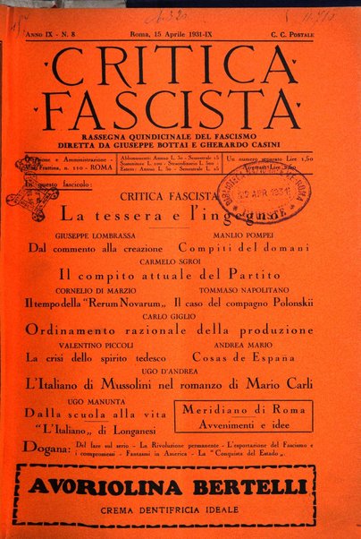 Critica fascista rivista quindicinale del fascismo diretta da Giuseppe Bottai