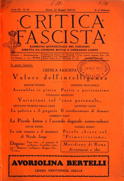 Critica fascista rivista quindicinale del fascismo diretta da Giuseppe Bottai