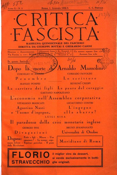 Critica fascista rivista quindicinale del fascismo diretta da Giuseppe Bottai