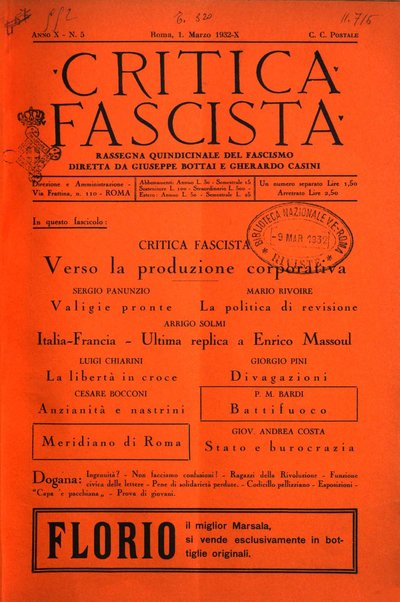 Critica fascista rivista quindicinale del fascismo diretta da Giuseppe Bottai