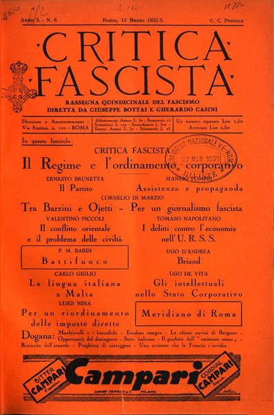 Critica fascista rivista quindicinale del fascismo diretta da Giuseppe Bottai