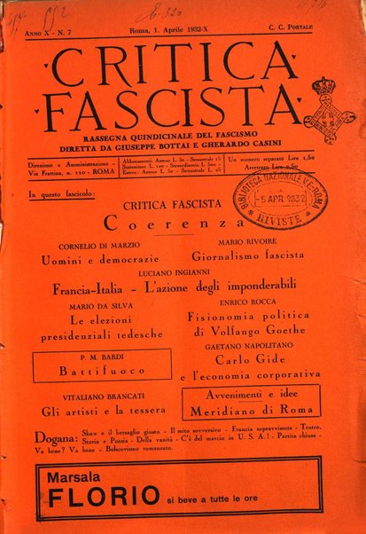 Critica fascista rivista quindicinale del fascismo diretta da Giuseppe Bottai