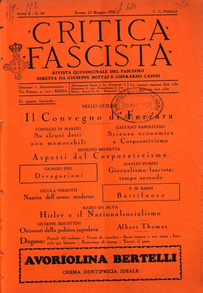 Critica fascista rivista quindicinale del fascismo diretta da Giuseppe Bottai