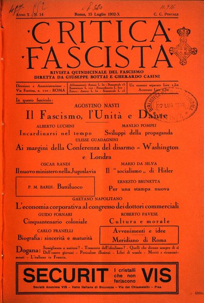 Critica fascista rivista quindicinale del fascismo diretta da Giuseppe Bottai