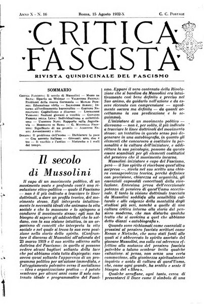 Critica fascista rivista quindicinale del fascismo diretta da Giuseppe Bottai