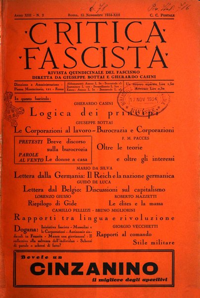 Critica fascista rivista quindicinale del fascismo diretta da Giuseppe Bottai