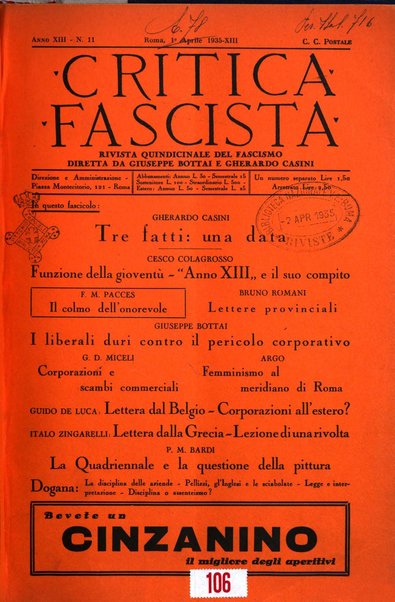 Critica fascista rivista quindicinale del fascismo diretta da Giuseppe Bottai