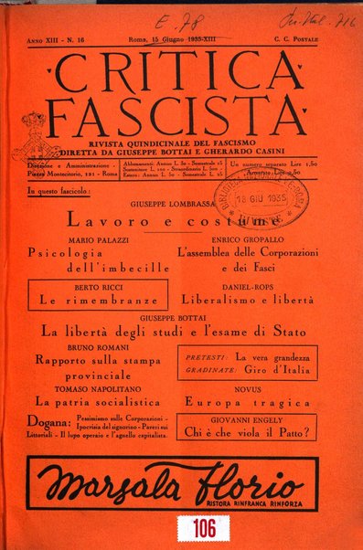 Critica fascista rivista quindicinale del fascismo diretta da Giuseppe Bottai