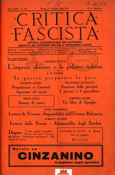 Critica fascista rivista quindicinale del fascismo diretta da Giuseppe Bottai